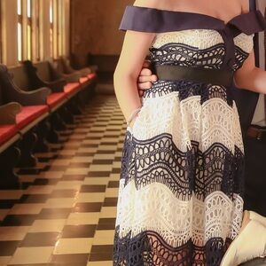 Self Portrait off shoulder wave guipure  dress